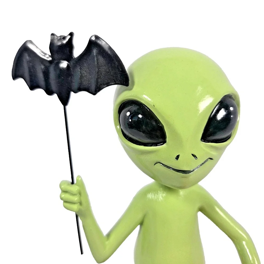 Green Alien Figurine Pumpkin Bat Lab No 10.31 Halloween Decor Spooky Cute